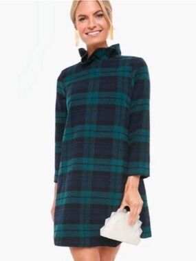 Tuckernuck Green and Navy Plaid Long-Sleeve Ruffle Collar Dress